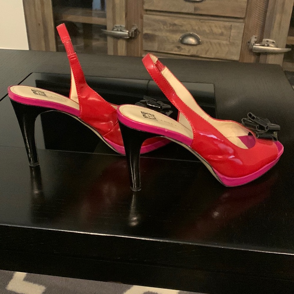 Anne Klein Red, Pink & Black Patent Leather Peep toe sling back pumps black bow